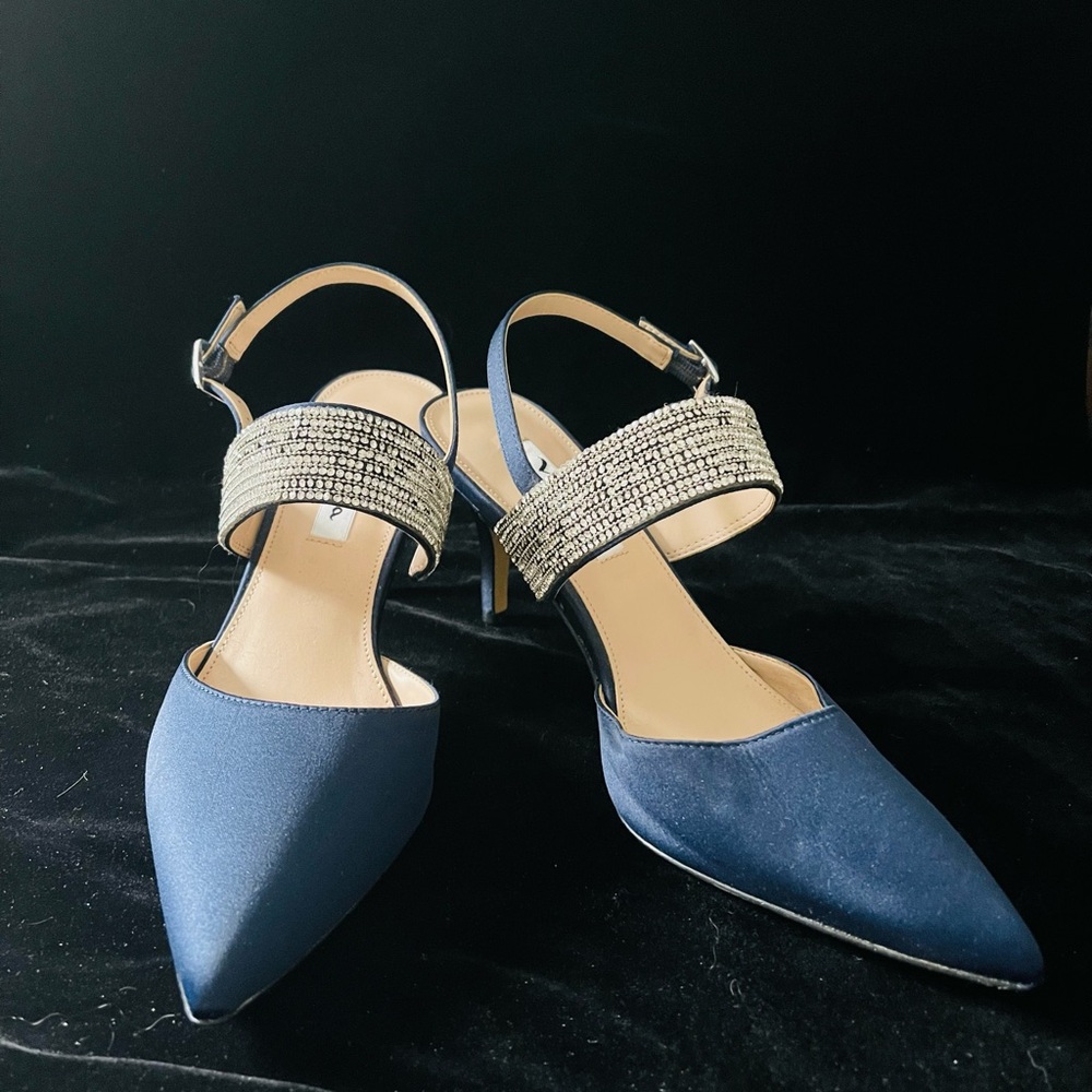 Elegant Navy Blue Women's Heels with crystal band. 3” heel
